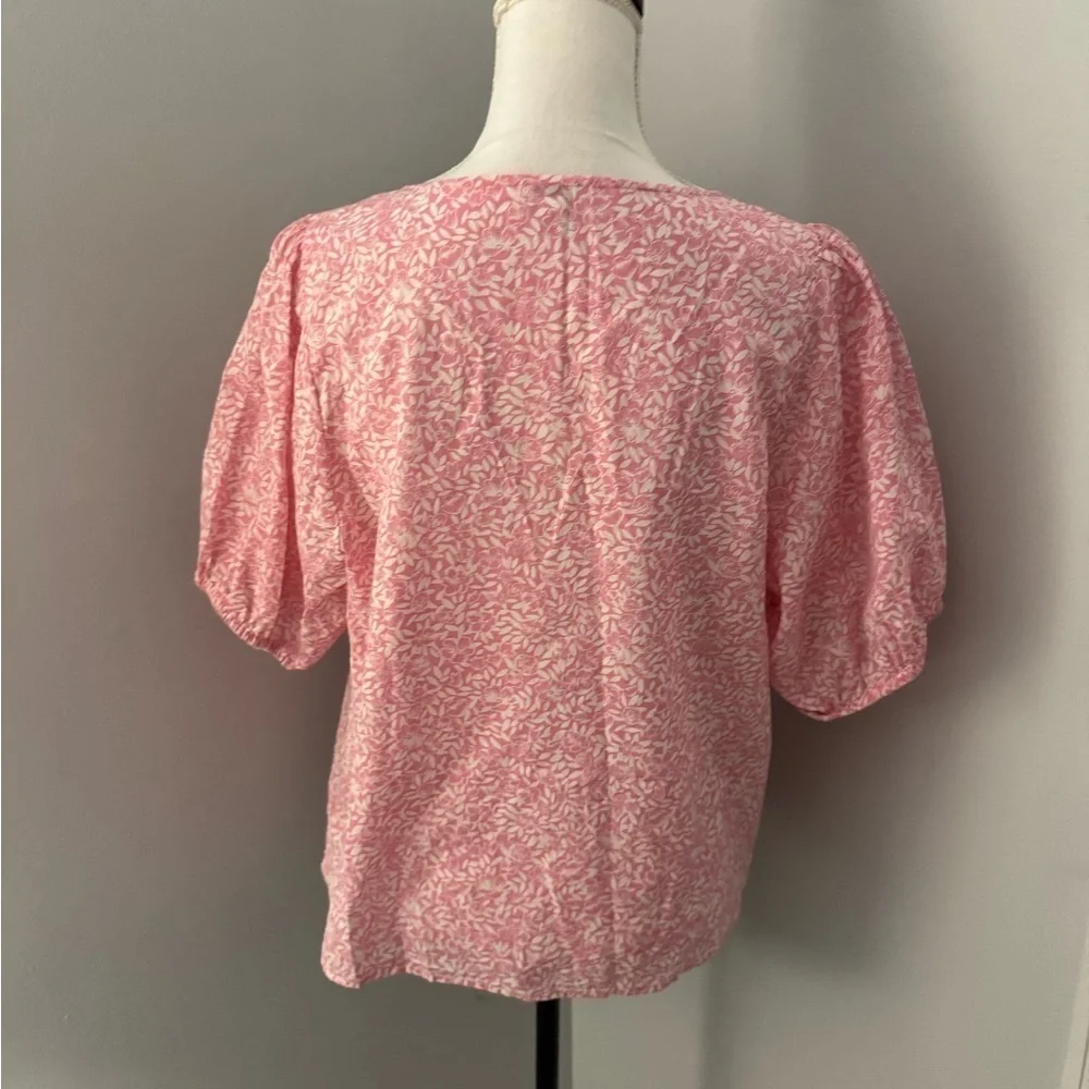 J Crew Size Large Pink & White Fabric Floral Puff sleeve Blouse Cotton